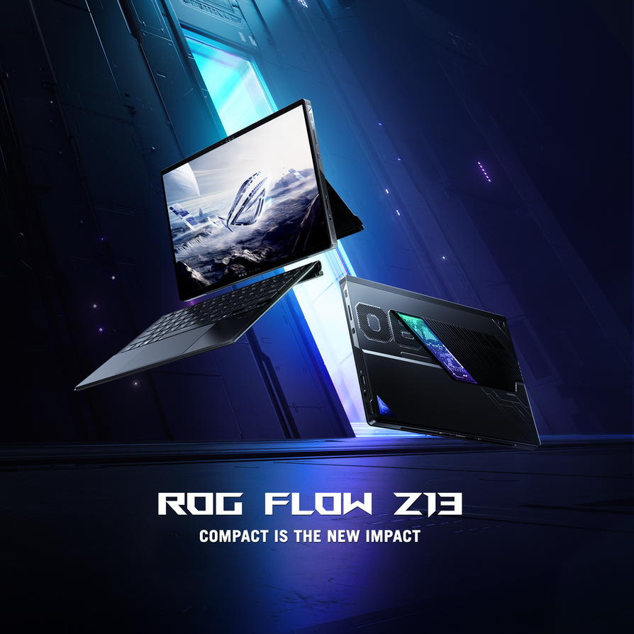 01_The ROG Z13 floating in a sci-fi-inspired setting, showcasing its screen with a futuristic landscape and sleek back design